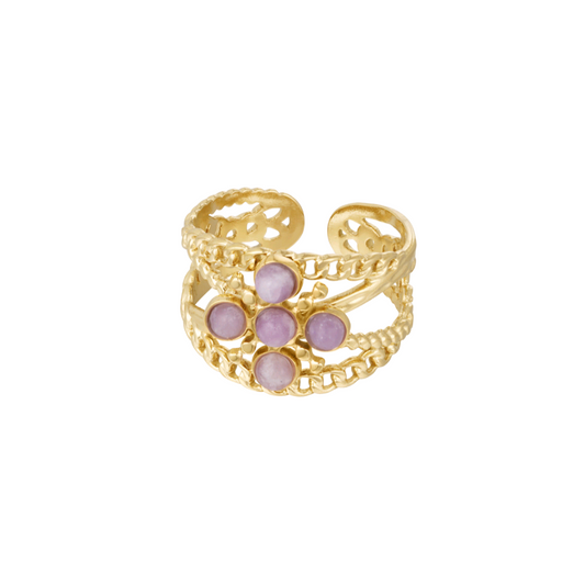 Ring lagen kruis met steen - paars goud