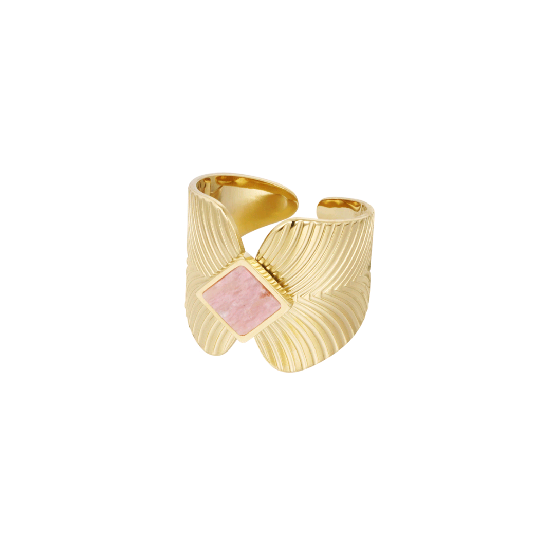 Ring blaadjes met ruit steen - goud/roze