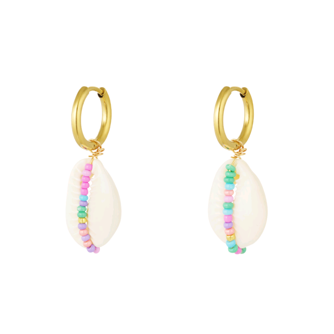 Oorbellen met zeeschelp en glaskralen - multi