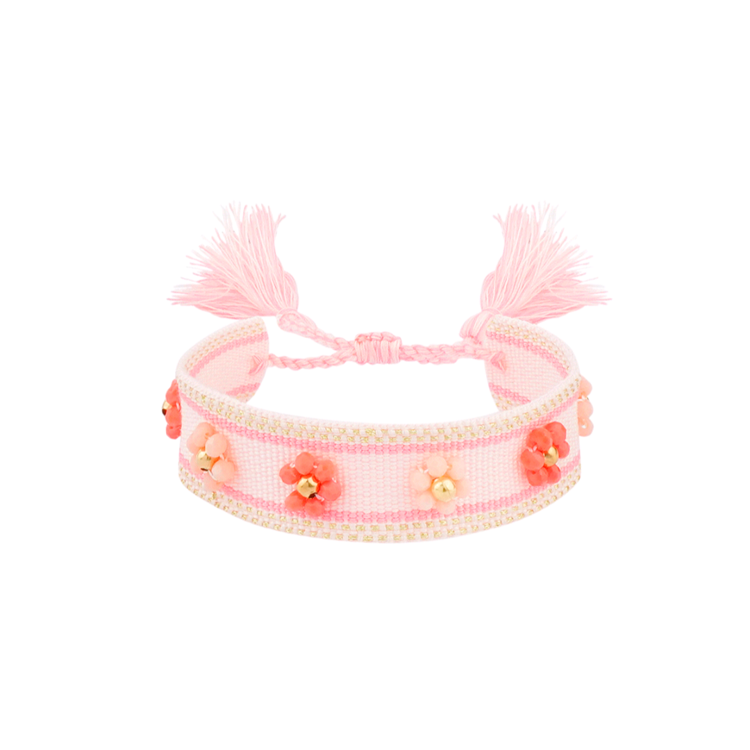 Stoffen armband met bloemen - roze