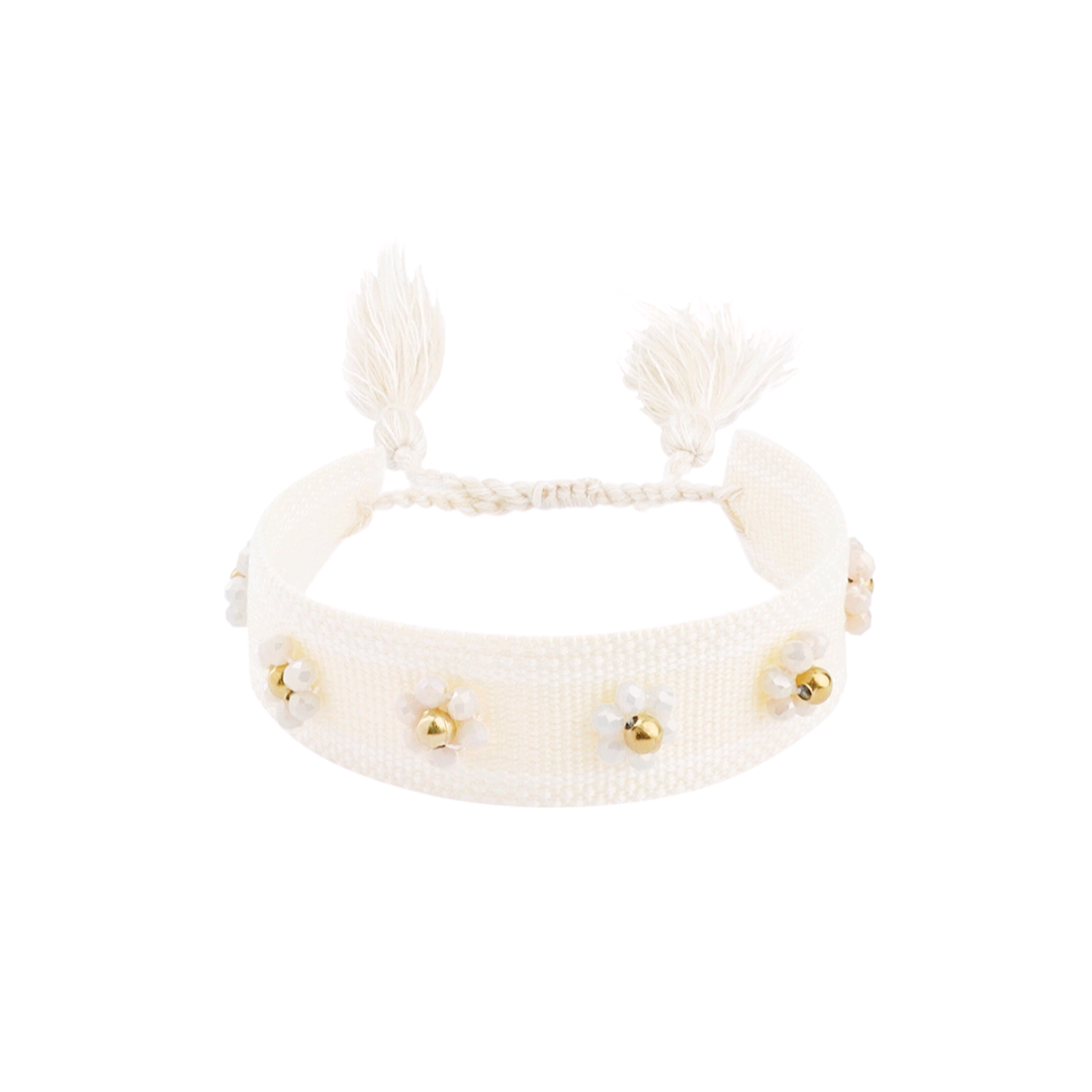 Stoffen armband met bloemen - wit