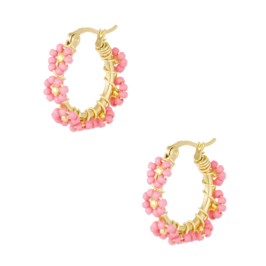 Bloemen oorbellen met glaskralen - rose