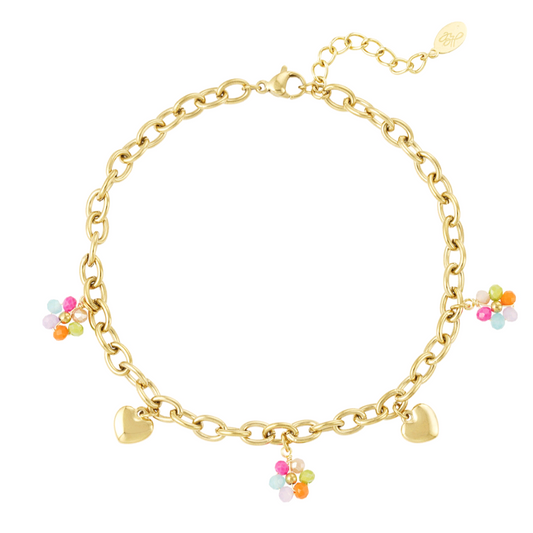 Enkelbandje met hartjea en bloemetjes - goud