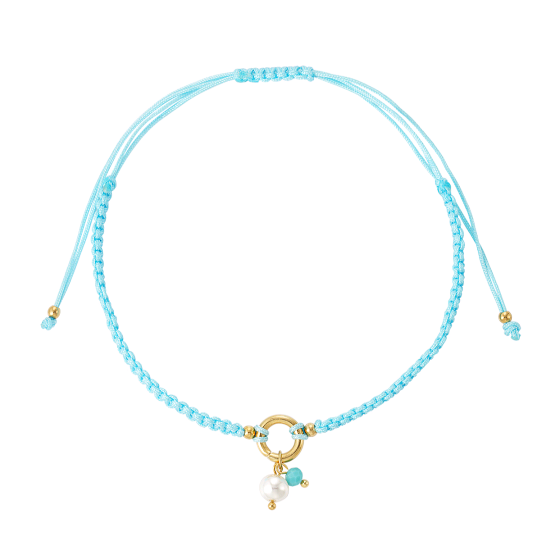 Gevlochten enkelbandje met parel - blauw