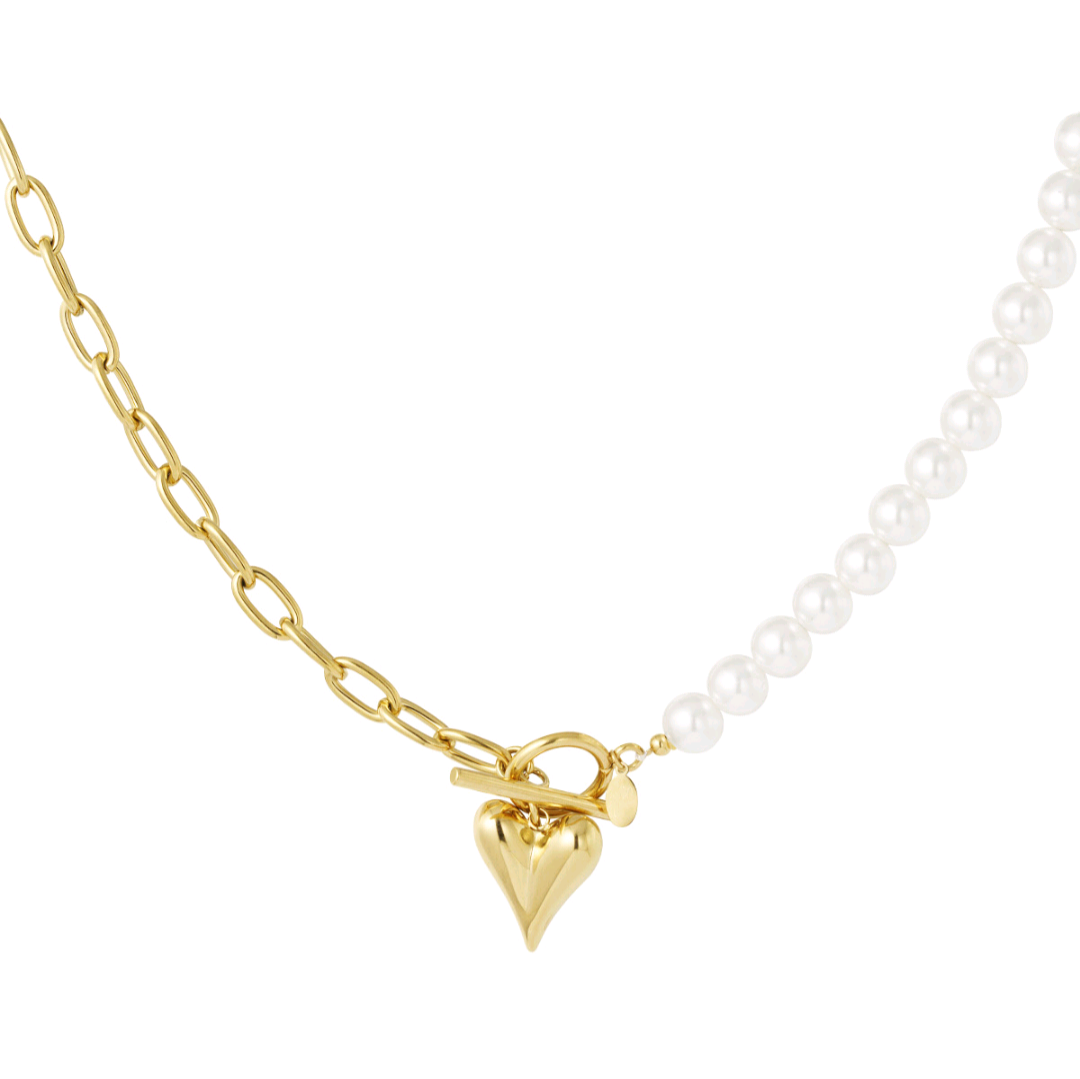 Parel ketting met hart - goud