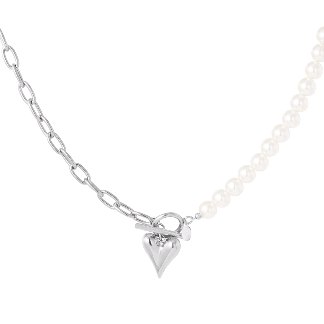 Parel ketting met hart - zilver