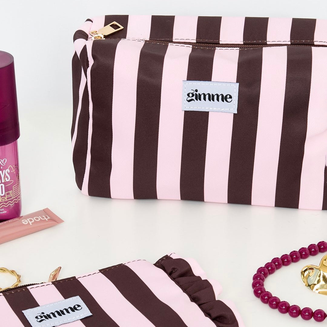 Make-up tasje met strepen bruin/roze