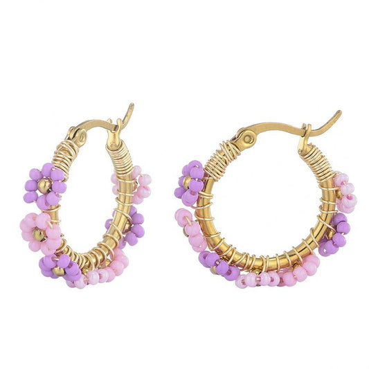 Bloemen oorbellen met glaskralen- lila