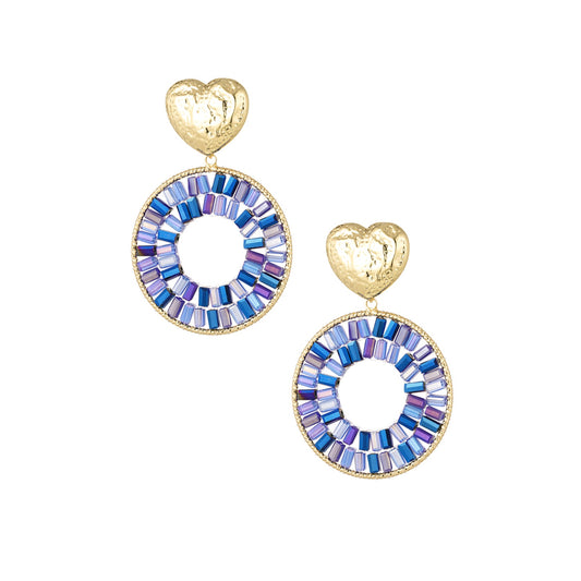 Ronde statement oorbellen met hart detail- blauw