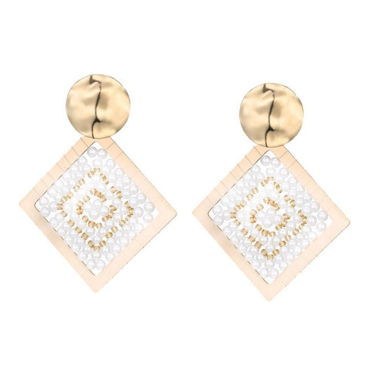 Oorbellen vierkant glaskralen goud - wit