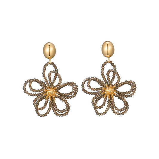 Bloemen oorstekers met glaskralen- beige