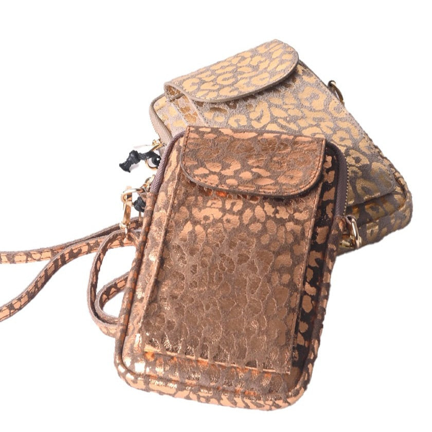 Nubuck telefoontasje metallic- panter goud