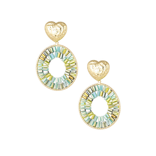 Ronde statement oorbellen met hart detail - groen