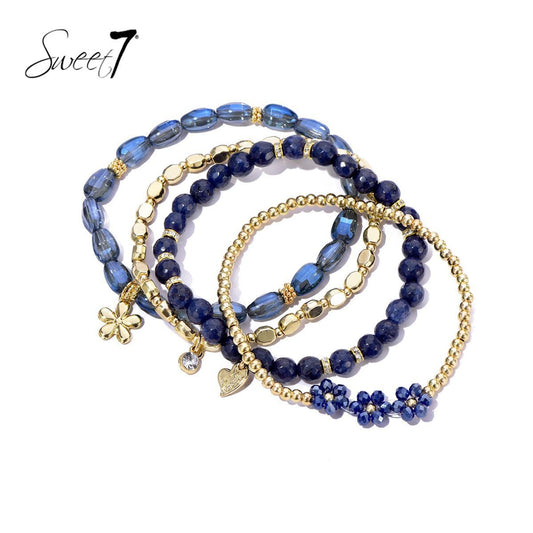 Sweet7 armbanden set bloem blauw/goud