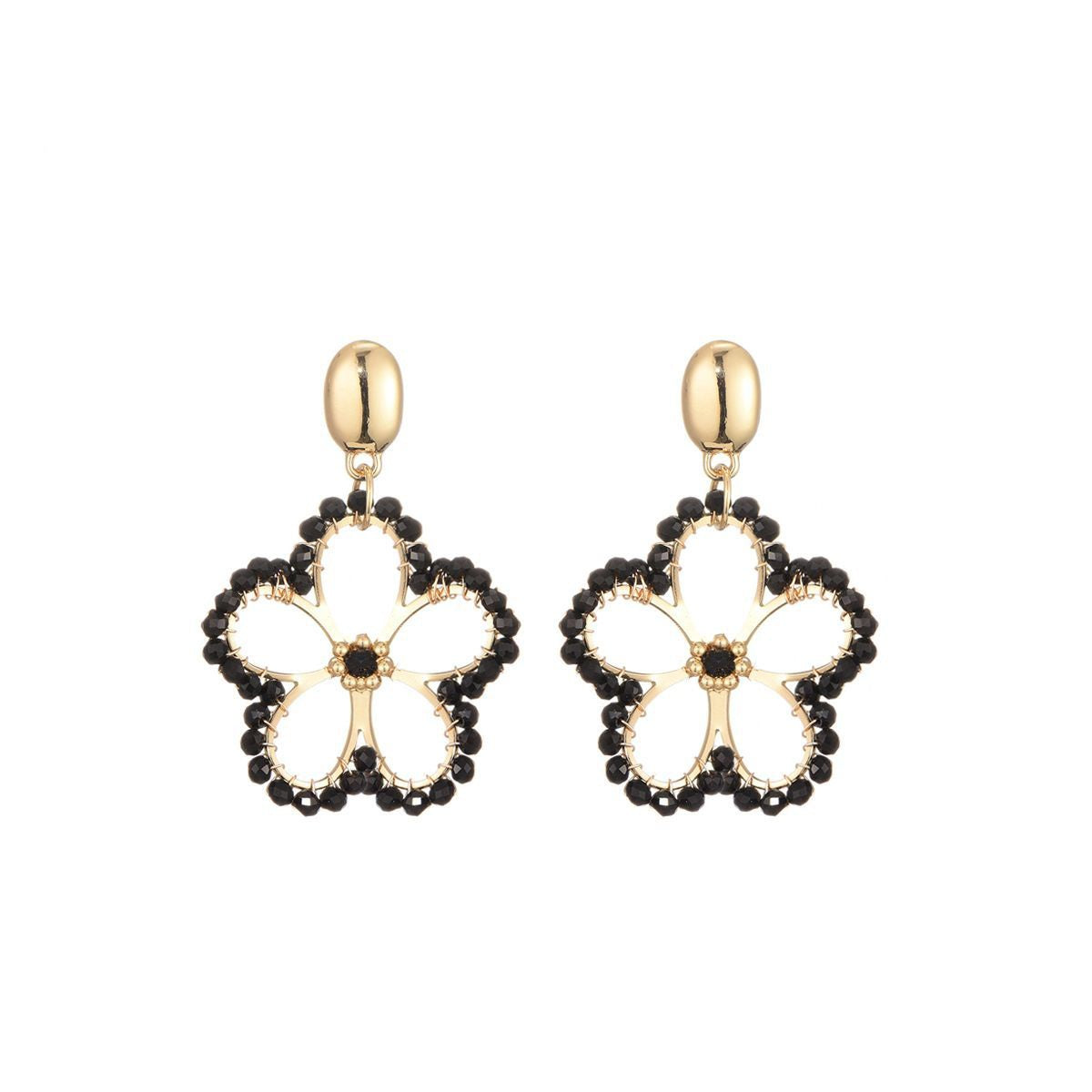 Bloemen oorstekers glaskralen - zwart