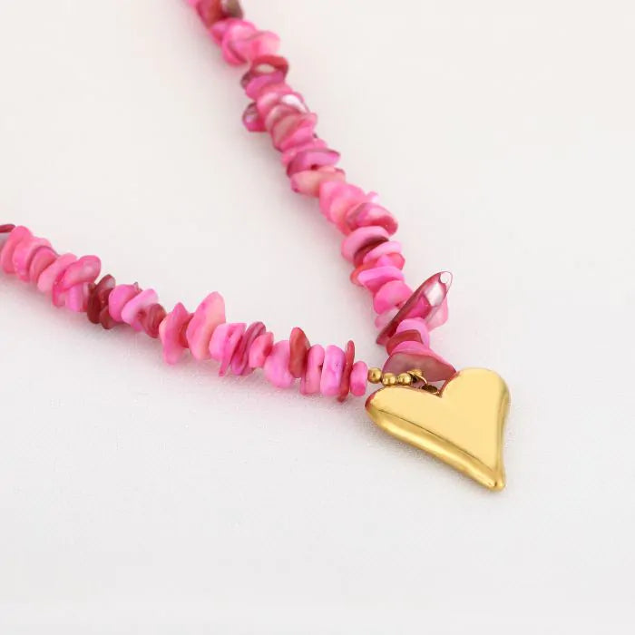 Steentjes ketting met hart - fuchsia