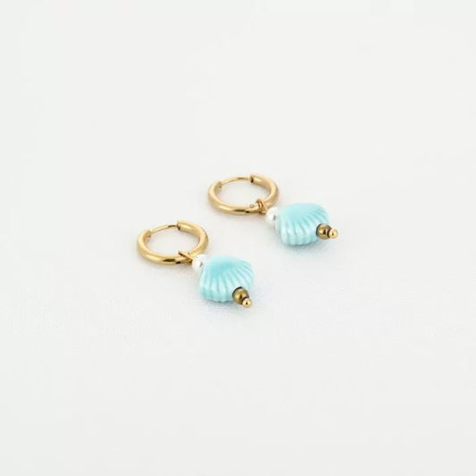 Schelp kraal oorbellen turquoise - goud