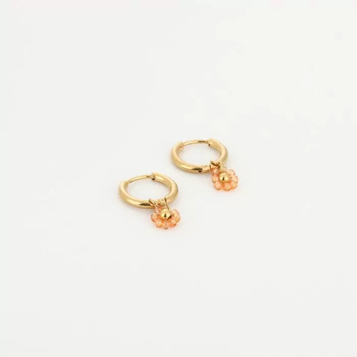 Oorbellen met kralen bloem oranje - goud