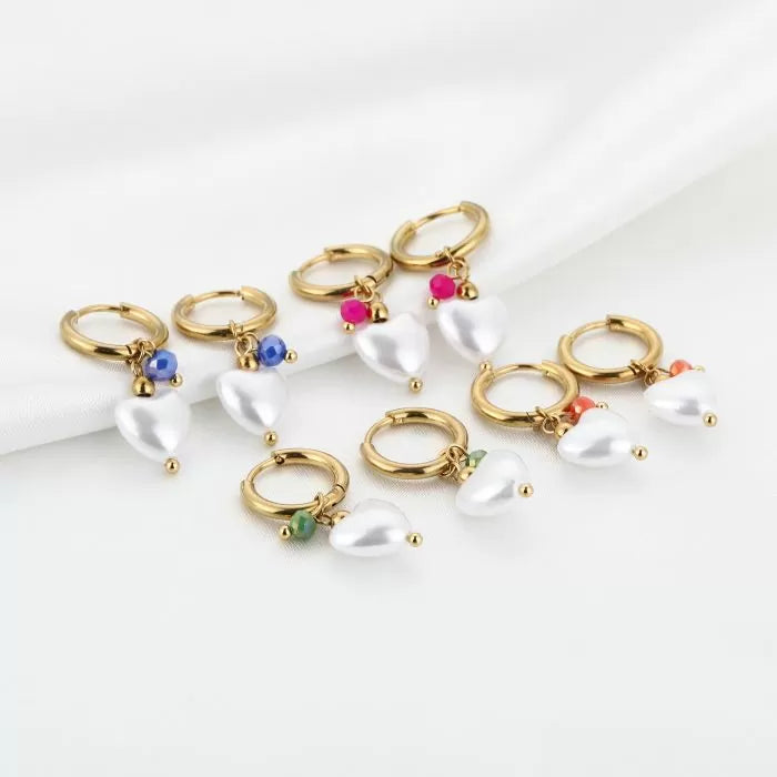 Hartjes parel oorbellen fuchsia - goud