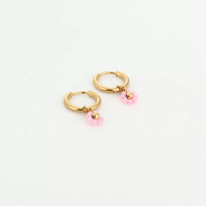 Oorbellen met kralen bloem roze - goud