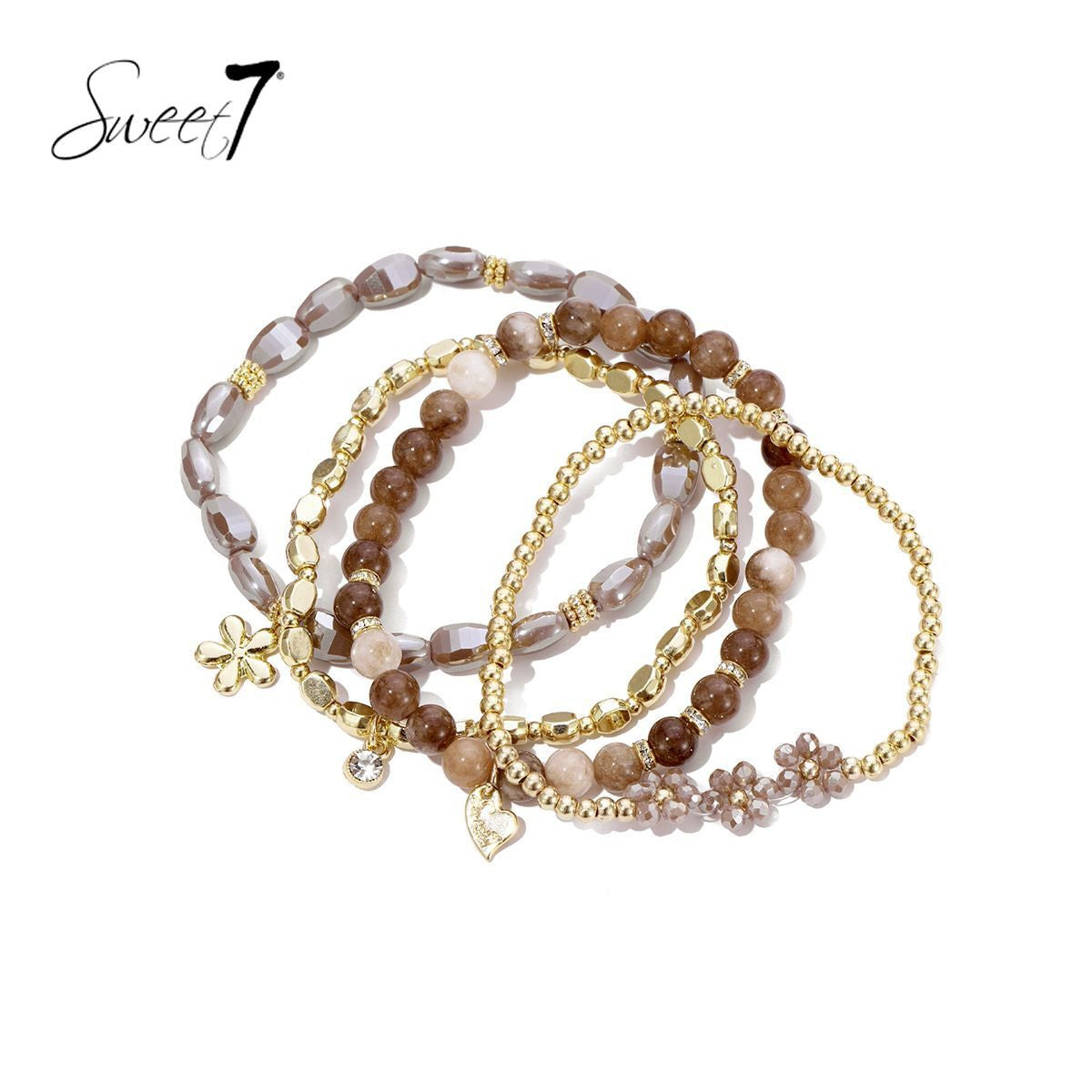 Sweet7 armbanden set bloem bruin/goud