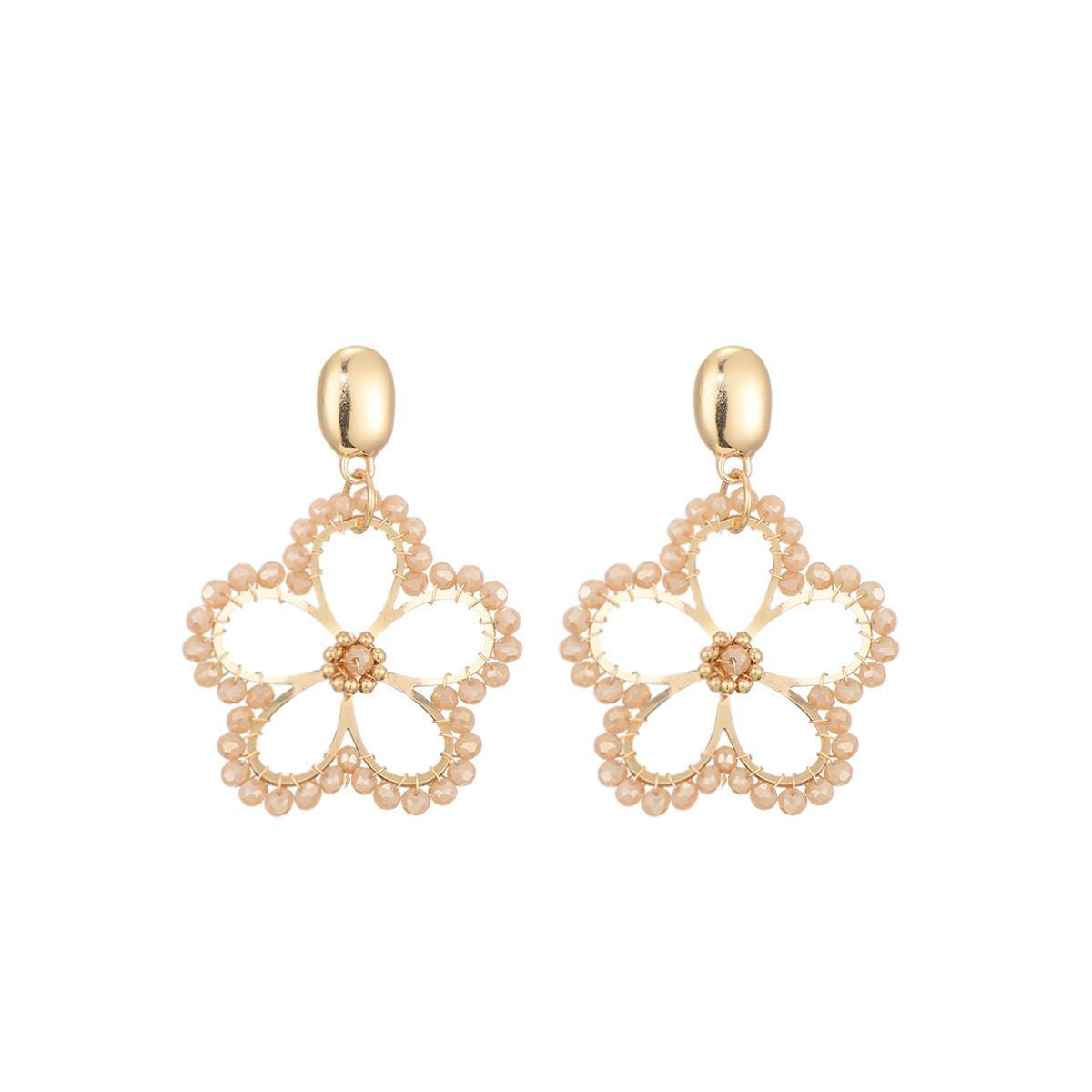 Bloemen oorstekers glaskralen - beige