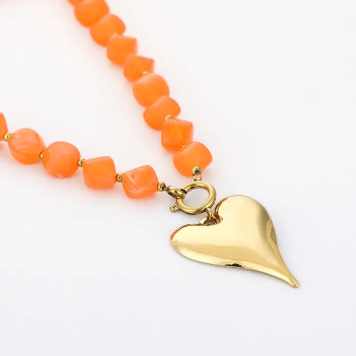 Natuurstenen ketting met hart - oranje