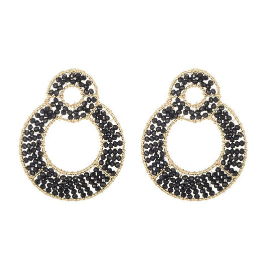 Oorstekker dubbel cirkel glaskralen - zwart