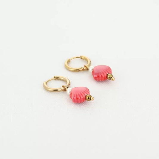 Schelp kraal oorbellen rood - goud