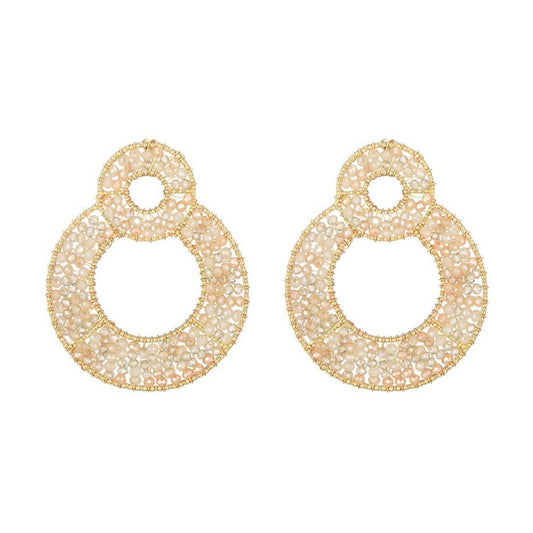 Oorsteker dubbel cirkel glaskralen - beige