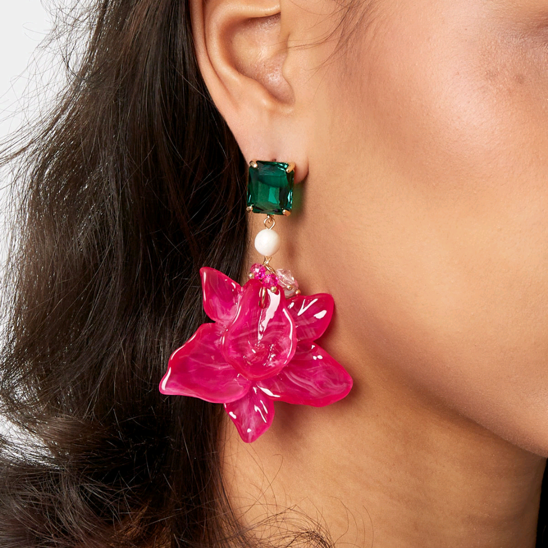 Bloemen parel oorbellen - fuchsia