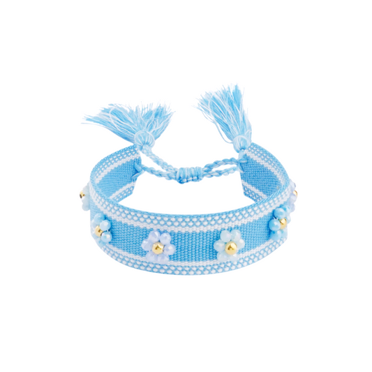 Stoffen armband met bloemen - blauw