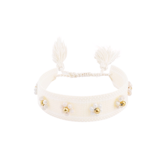 Stoffen armband met bloemen - wit