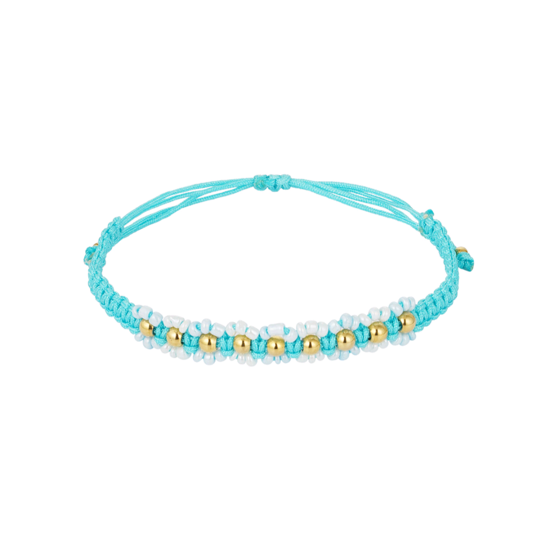 Gevlochten armband met bloemetjes - blauw