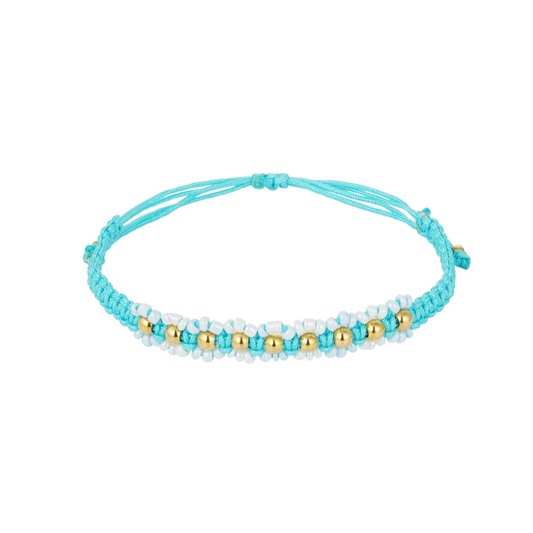 Gevlochten armband met bloemetjes - blauw