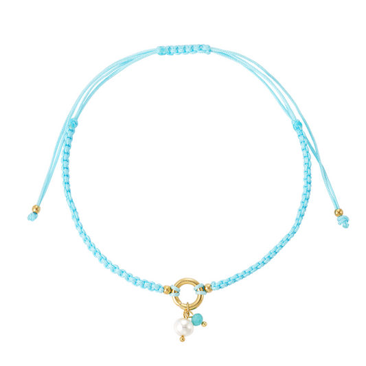 Gevlochten enkelbandje met parel - blauw