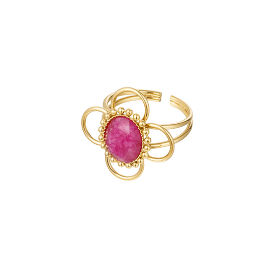 Ring classy bloem met steen - goud/fuchsia