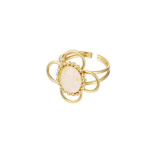 Ring classy bloem met steen - goud/wit