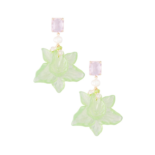 Bloemen parel oorbellen - roze/groen