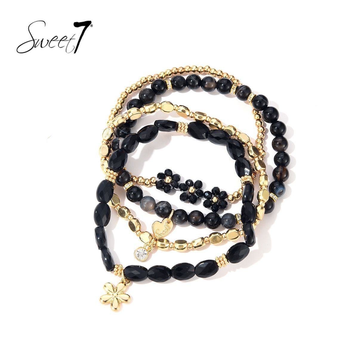 Sweet7 armbanden set bloem zwart/goud
