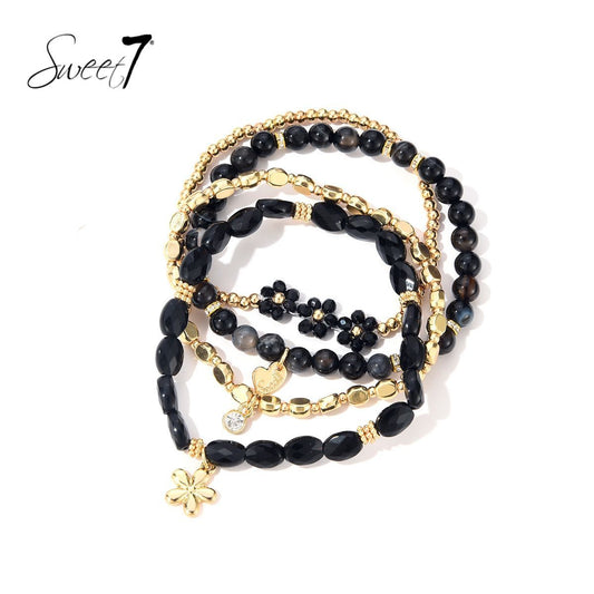 Sweet7 armbanden set bloem zwart/goud