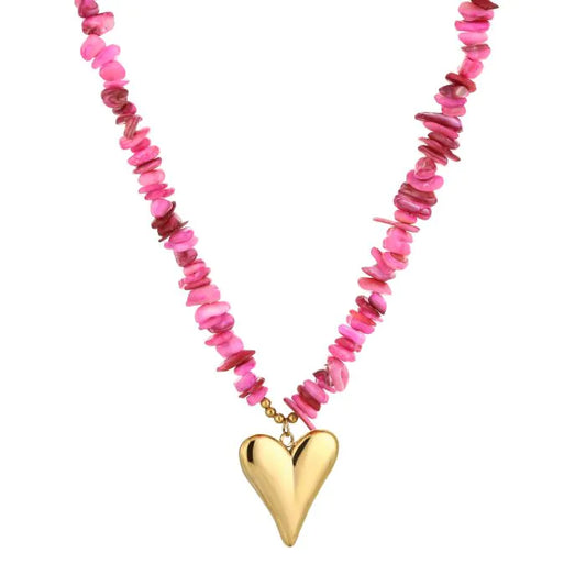 Steentjes ketting met hart - fuchsia