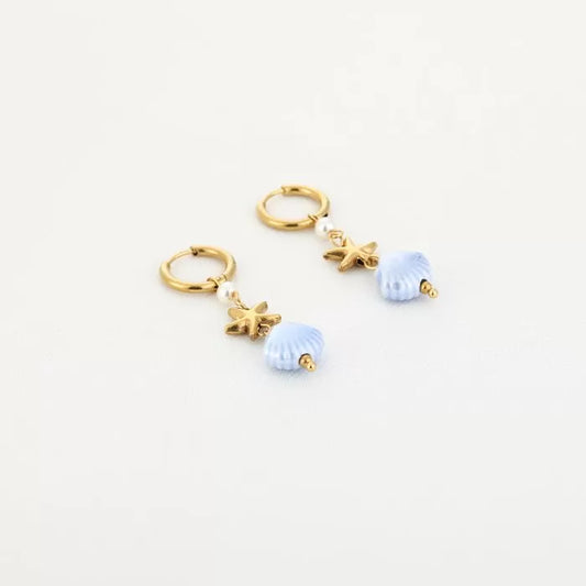 Zomer oorbellen schelp blauw - goud