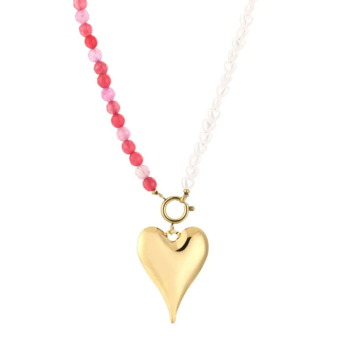 Zomer ketting met natuur stenen parels en hart - fuchsia