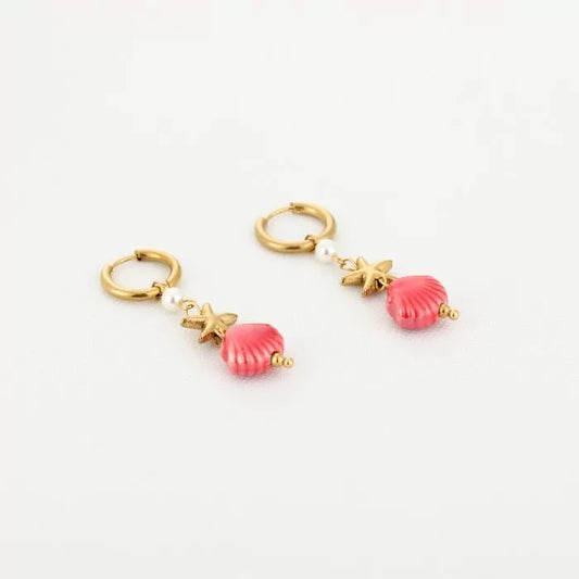 Zomer oorbellen schelp rood - goud