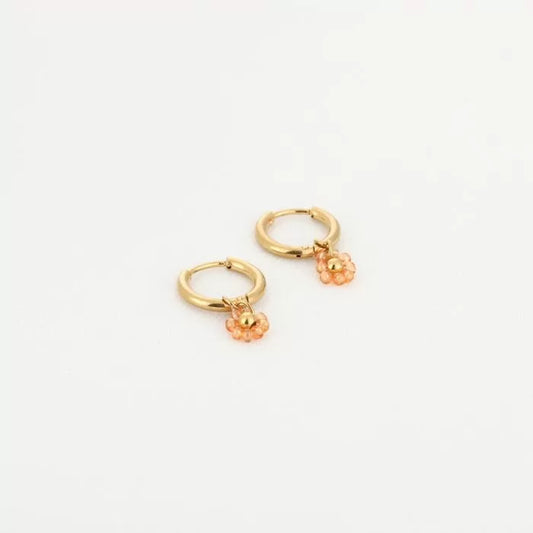 Oorbellen met kralen bloem oranje - goud