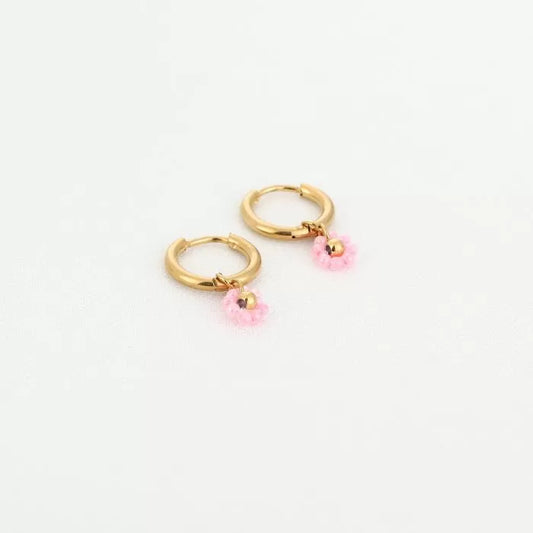 Oorbellen met kralen bloem roze - goud
