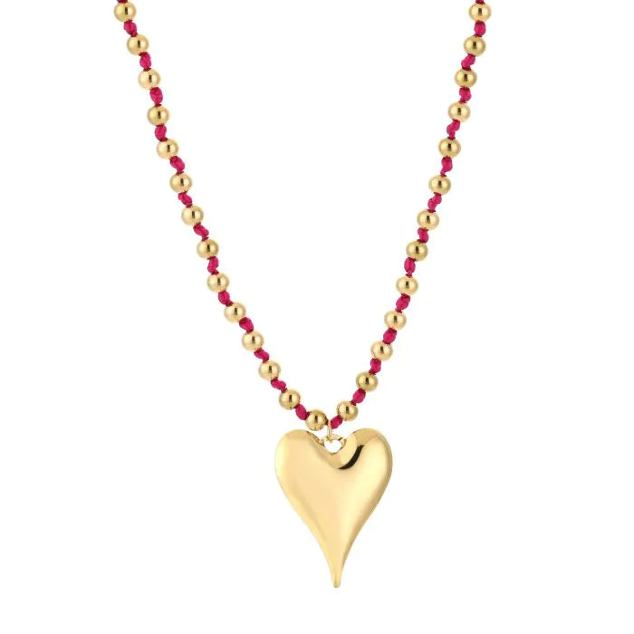 Bolletjes ketting met hart - fuchsia