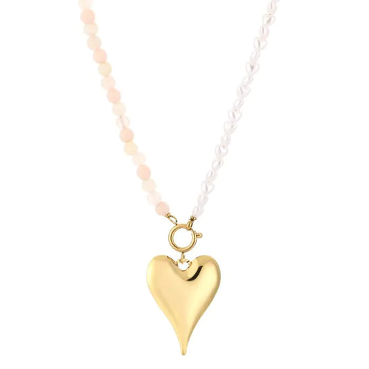 Zomer ketting met natuur stenen parels en hart - beige