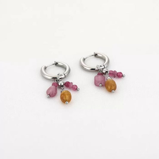 Lente oorbellen oranje/roze - zilver